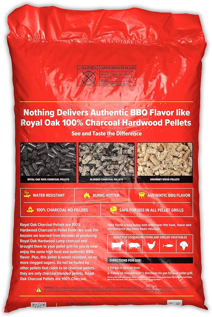 Royal Oak 100 Percent Charcoal Hardwood Pellets for Real BBQ Flavor, Grilling and Smoking, High Heat, Resists Water, Easy to Clean, 30 Pound Bag