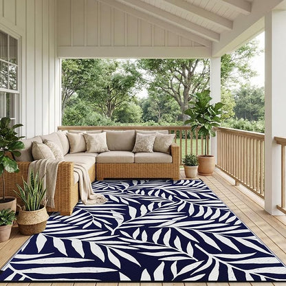 Smiry Outdoor Rug 8x10 ft Waterproof Reversible Leaf Mat, Navy & White | Polypropylene Plastic Straw, Quick Drying, Lightweight Foldable, for Patio, Deck, RV Camping, Backyard and Indoor Outdoor Use