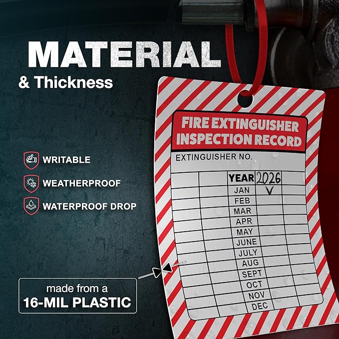 Fire Extinguisher Inspection Tags 2026-2029, Plastic 2.25 x 3 Inch Red for Indoor Outdoor Use, Durable Double-Sided Monthly Record and Pass Instructions, Include Zip Ties, 30 Pack