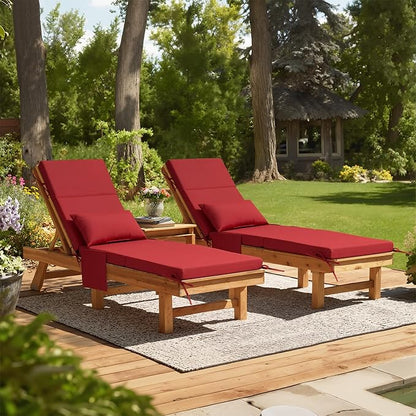 Crestlive Products Foldable Outdoor Chaise Lounge Cushions with Head Pillow and Side Pockets, Water Resistant & Fade Resistant Lounge Chair Cushion, 72''L x 21''W, Set of 2, Chili