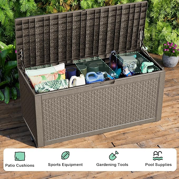 ROJIK 110 Gallon Deck Box Outdoor, Waterproof Outdoor Storage Boxes with Lids, Outside Resin Lockable Storage Box for Patio Cushions, Garden Tools(Grey)