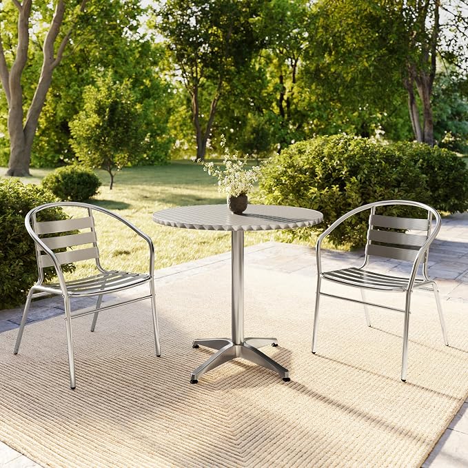 Flash Furniture Lila 31.5'' Round Aluminum Indoor-Outdoor Table Set with 2 Slat Back Chairs | Indoor/Outdoor Use, Slat Back Chairs