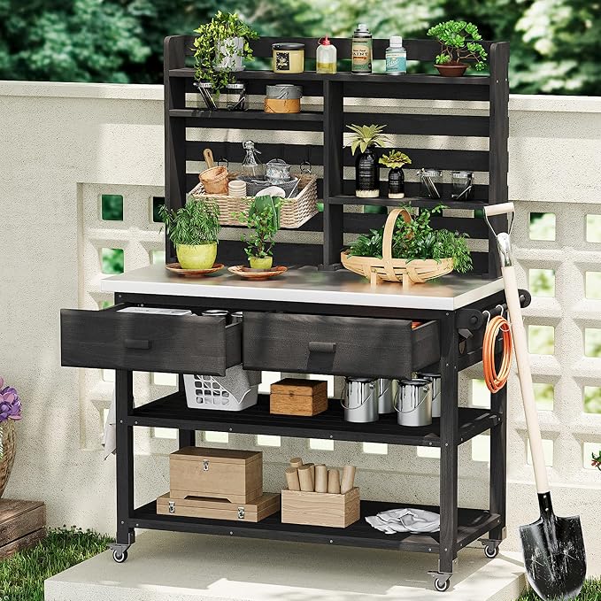 65 Inch Outdoor Potting Bench with Stainless Steel Top, Black | Black fir wood, stainless steel top, garden or patio, upper hutch, 2 drawers, towel rack, lockable wheels, 52 in L