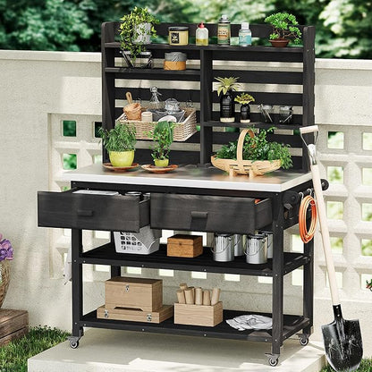65 Inch Outdoor Potting Bench with Stainless Steel Top, Black | Black fir wood, stainless steel top, garden or patio, upper hutch, 2 drawers, towel rack, lockable wheels, 52 in L