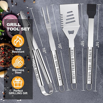 Paw Paw Gifts from Grandkids, Grilling Accessories, Heavy Duty Stainless Steel BBQ Grill Tools for Outdoor Grill with Aluminum Case, Pawpaw Grill Utensils Ideal Christmas Grilling Gift (Black)