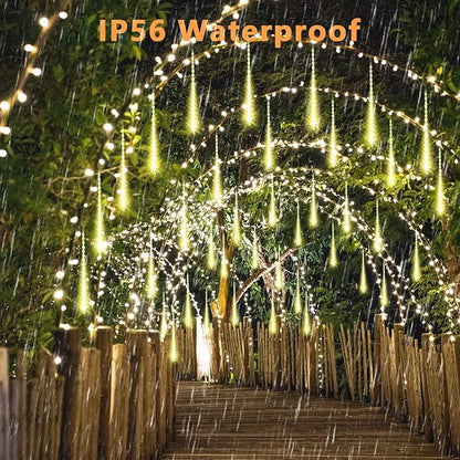 Aluan Christmas Lights Outdoor Meteor Shower Rain Lights, 40cm/16inch 10 Tubes 360 LEDs Waterproof Falling Rain Hanging Light with UL Plug for Christmas Holiday Party Home Garden Decor, Warm White
