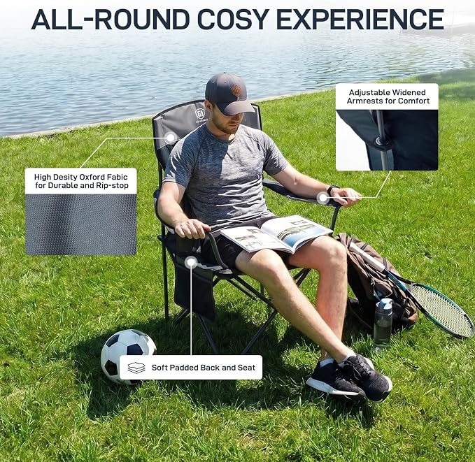 EVER ADVANCED Oversized Folding Lawn Chair, Heavy Duty Steel Camping Chair with Cup Holder, 350 lbs Weight Capacity for Adult Outdoor Fishing & Sports, Black
