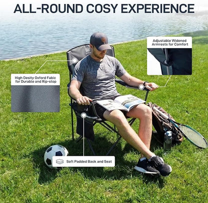 EVER ADVANCED Oversized Folding Lawn Chair, Heavy Duty Steel Camping Chair with Cup Holder, 350 lbs Weight Capacity for Adult Outdoor Fishing & Sports, Black