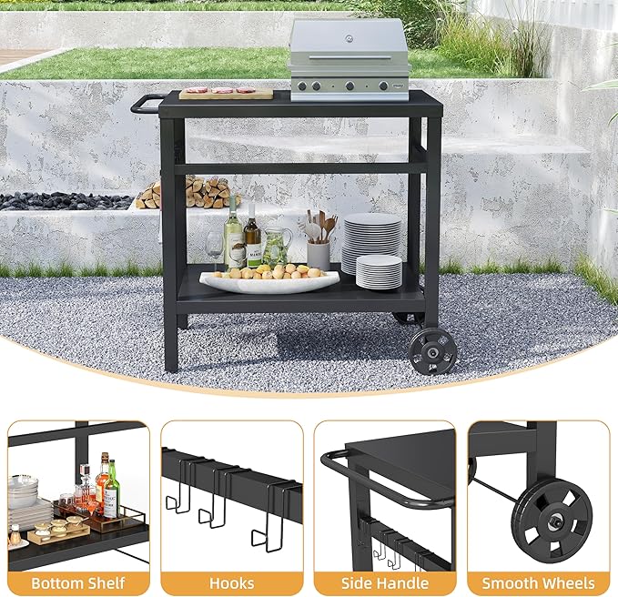 DDK 2-Tier Outdoor Grill Table, 34" Metal Top BBQ Prep Cart with Wheels & Hooks, 150 LBS Capacity Grill Cart for Patio Backyard Camping, Works as Griddle Stand & Potting Bench