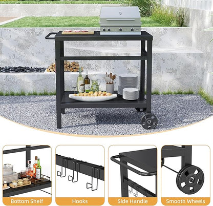 DDK 2-Tier Outdoor Grill Table, 34" Metal Top BBQ Prep Cart with Wheels & Hooks, 150 LBS Capacity Grill Cart for Patio Backyard Camping, Works as Griddle Stand & Potting Bench