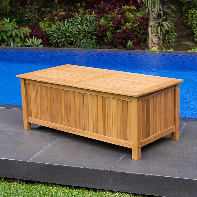Cambridge Casual Arie 48-Inch Teak Outdoor Deck Box Storage Chest – Weather-Resistant Patio Organizer with Soft-Close Lid for Pool or Garden Storage, 49 Gallons