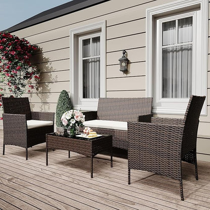 4-Piece Patio Furniture Set, Outdoor Wicker Conversation Set with Tempered Glass Coffee Table, Heavy Duty PE Rattan Sectional Sofa & Washable Cushions for Backyard, Deck, Poolside (Brown Rattan/Beige)