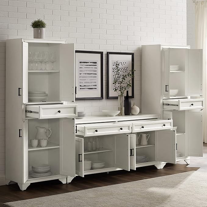 Crosley Furniture Tara 3-Piece Modern Farmhouse Sideboard Buffet Cabinet and Kitchen Storage Pantry Set, Distressed White