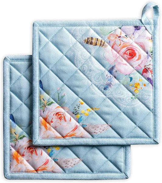Maison d' Hermine Pot Holders 100% Cotton Heat Resistant Potholders 8" x 8" Hot Pads with Loop BBQ Cooking Baking Hotel Farmhouse Kitchen Handling Hot Pans Spring Summer (Pack of 2, Ibiza - Blue)