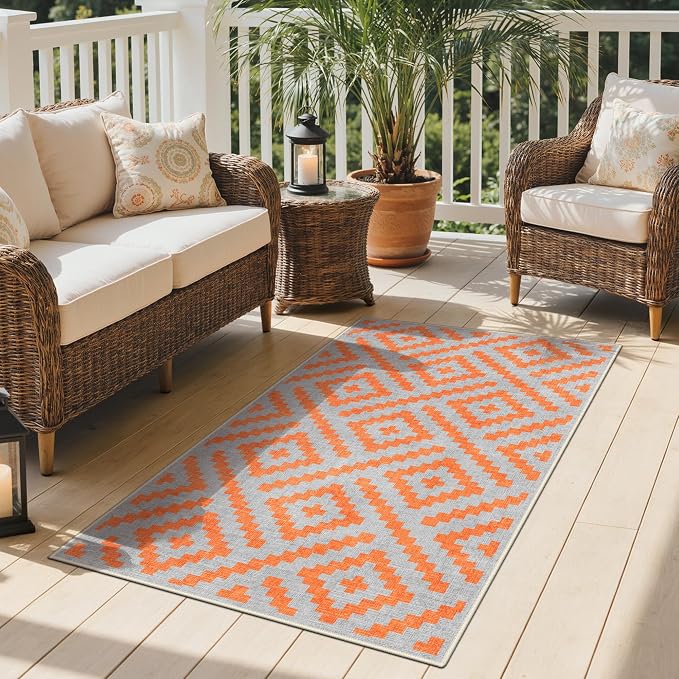 GENIMO Outdoor Rug 3'x5' Waterproof for Porch, Plastic Door Mat Orange Grey | Outside Modern Carpet Mat for Patio Decor, Porch, Deck, Balcony, Camping, RV, Picnic, Beach, Reversible, Foldable