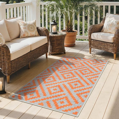 GENIMO Outdoor Rug 3'x5' Waterproof for Porch, Plastic Door Mat Orange Grey | Outside Modern Carpet Mat for Patio Decor, Porch, Deck, Balcony, Camping, RV, Picnic, Beach, Reversible, Foldable