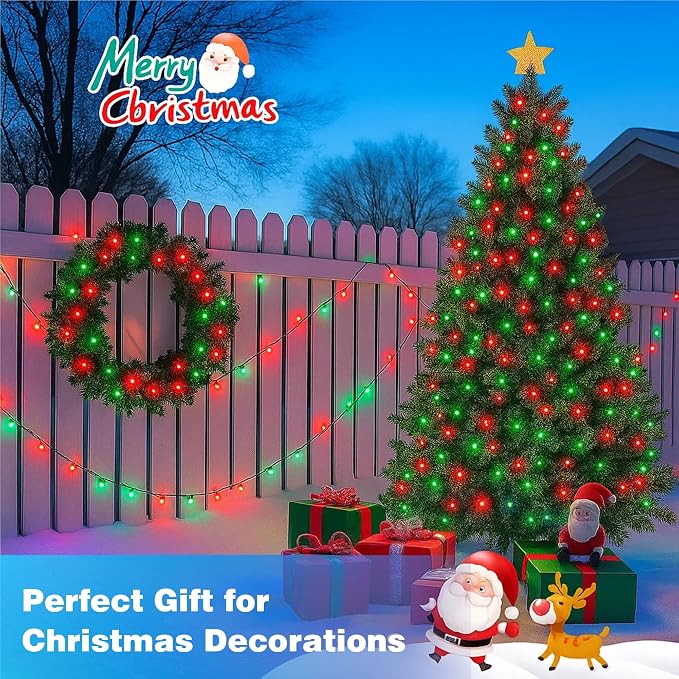 500LED Outdoor Christmas Lights, 164FT String Lights (Red & Green) | IP44 waterproof,8 Modes,Remote control 3 Timers & Memory Function, Ideal Indoor & Outdoor Christmas Tree Holiday Decorations