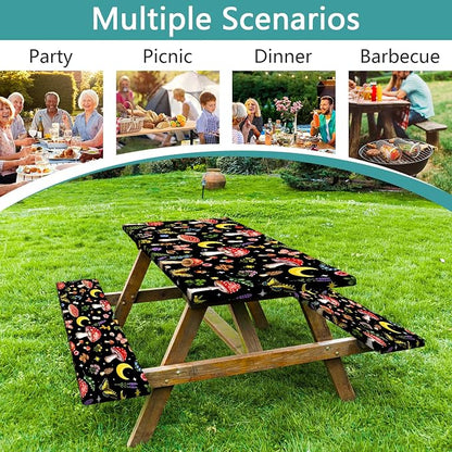 Picnic Table Cover with Bench Covers,Camping Essentials, Mushroom Floral Butterfly Waterproof Windproof Fitted Outdoor Tablecloth with Elastic Edge Rectangle Table for Indoor Outdoor, 3PCS, 30x60 Inch
