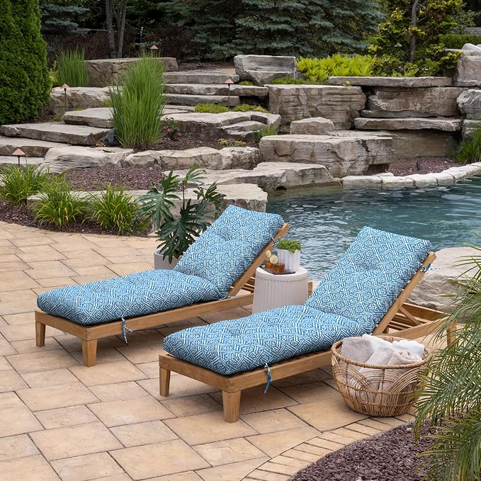 Arden Outdoor Tufted Chaise Cushion, 22x76, Amalfi Blue Tile | Plush Comfort, Modern Tuft, Lounge Cushion, Rain-Proof, Fade Resistant, Mold and Mildew Resistant