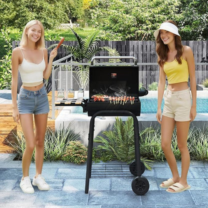 Giantex Portable Charcoal Grill with Foldable Side Table, Outdoor BBQ Smoker Grill with Wheels, Thermometer, Adjustable Air Vent, Bottom Shelf, Barrel Barbecue Grills for Patio, Camping & Tailgate