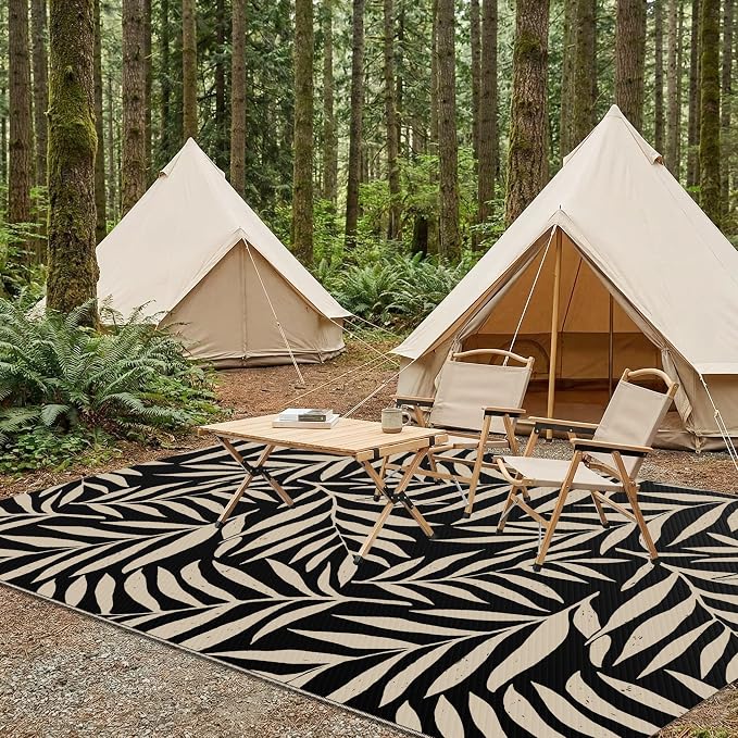 Smiry Outdoor Rug 5x8 ft Waterproof Reversible Leaf Mat, Black & Beige | Polypropylene Plastic Straw, Quick Drying, Lightweight Foldable, for Patio, Deck, RV Camping, Backyard and Indoor Outdoor Use