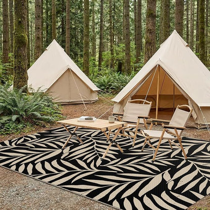 Smiry Outdoor Rug 5x8 ft Waterproof Reversible Leaf Mat, Black & Beige | Polypropylene Plastic Straw, Quick Drying, Lightweight Foldable, for Patio, Deck, RV Camping, Backyard and Indoor Outdoor Use