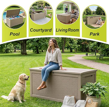 ROJIK 320 Gallon Deck Box Outdoor Waterproof,Weatherproof Outdoor Storage Boxes Lockable with Lid,Outside Resin Storage Bench for Patio Cushions,Garden Tools and Pool Accessories(Grey)