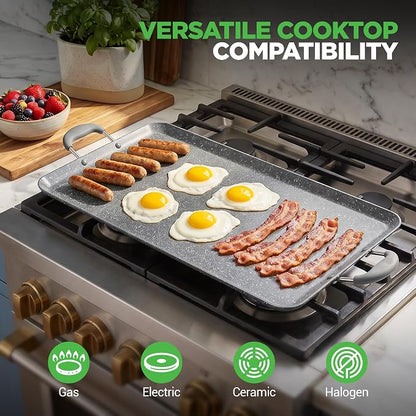NutriChef Double Burner Griddle | Flat Top Griddle for Stove Top | Nonstick marble-coated griddle pan with extra-large easy to clean cooking surface, perfect for pancakes and tortillas