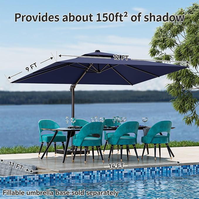 9x12FT Cantilever Patio Umbrella Heavy-Duty Aluminum | 360° Rotating Double Canopy Rectangular Offset Umbrella for Pool, Deck, Garden & Backyard, Navy