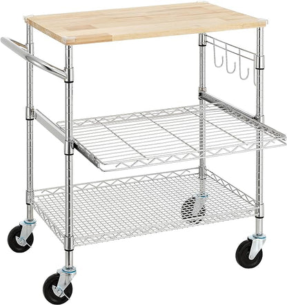Finnhomy 3-Tier Rolling Kitchen Cart With 18" D x 30" W Oak Wood Tabletop, Kitchen Island With 4" Wheels and Slider Shelf, Microwave & Coffee Cart With Hooks for Dining Room, Chrome