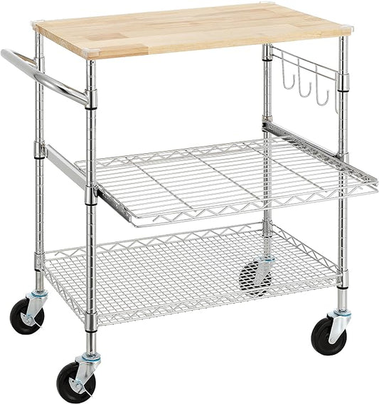 Finnhomy 3-Tier Rolling Kitchen Cart With 18" D x 30" W Oak Wood Tabletop, Kitchen Island With 4" Wheels and Slider Shelf, Microwave & Coffee Cart With Hooks for Dining Room, Chrome