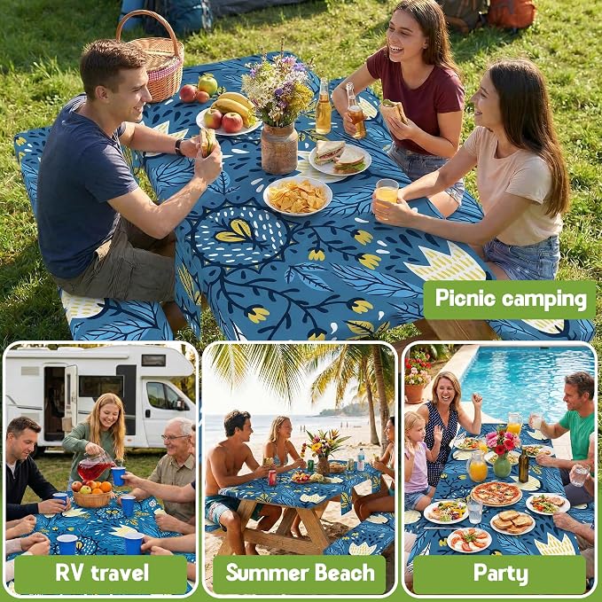 Picnic Table Cover with Bench Covers Waterproof Elastic Rectangle Tablecloth Camping Essentials Supplies Rv Car Travel Gear Must Haves Accessories Fitted Table Cloth Outdoor Road Trip Camper Gifts 6ft