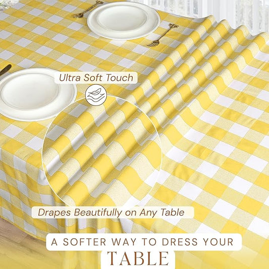 Lemon Yellow and White Buffalo Check Tablecloth, 52x70 Inches, Plaid Dining Table Cover, 100% Cotton, Washable, Reusable Table Linen for Holiday Gatherings, Wedding and Everyday Décor