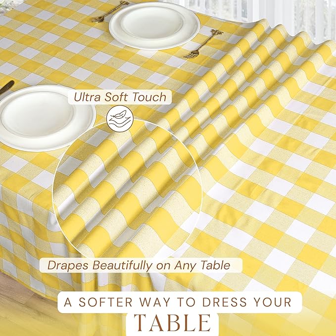 Lemon Yellow and White Buffalo Check Tablecloth, 60x102 Inches, Plaid Dining Table Cover, 100% Cotton, Washable, Reusable Table Linen for Holiday Gatherings, Wedding, Everyday Décor