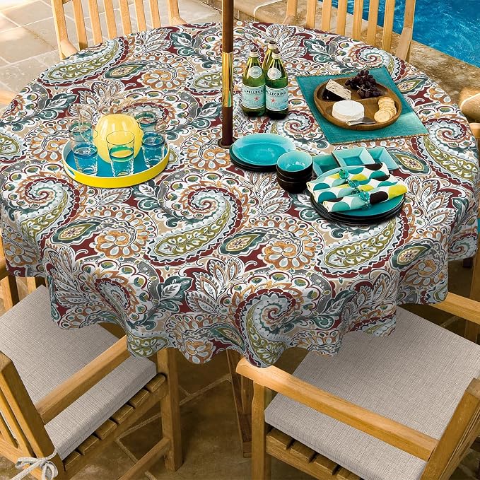 Outdoor/Indoor Round Tablecloth with Umbrella Hole Zipper, Decorative Circular Table Cover for Home Garden, 60 Inch, Paisley Chilli