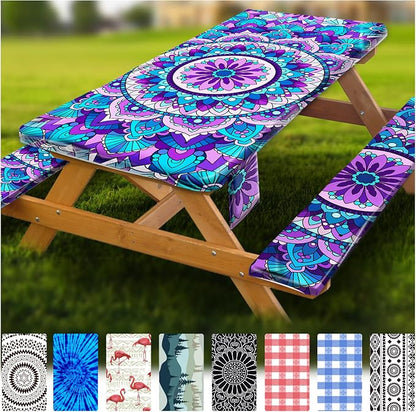 Fitted Picnic Table Cover with Bench Covers Vinyl Waterproof Elastic Edges Fitted Rectangle Tables Patio Tablecloth Camping Gear and Essentials Rv Accessories Road Trip Supplies Car Travel Must Haves