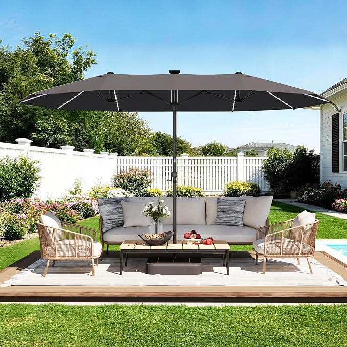 GDPFN 15ft Rectangular Patio Umbrella with Solar LED Lights, Double-Sided Outdoor Market Umbrella with Base Included, Extra Large Shade for Pool, Deck, Backyard, Garden, Dark Gray