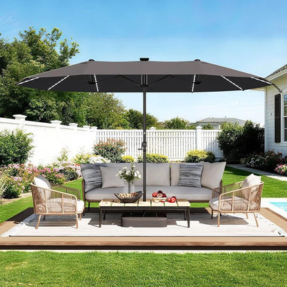 GDPFN 15ft Rectangular Patio Umbrella with Solar LED Lights, Double-Sided Outdoor Market Umbrella with Base Included, Extra Large Shade for Pool, Deck, Backyard, Garden, Dark Gray