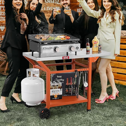 Feasto 43" Lx20 W Grill Table with Folding Side Table & Undershelf, Orange | Stainless Steel Tabletop, Foldable Side Shelf, Sturdy Undershelf, for Pizza Ovens, BBQ Grills, & Prep Work (Hooks Included)