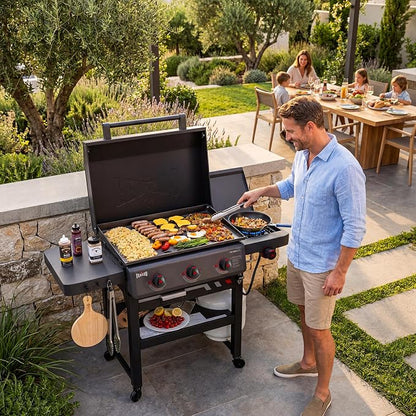Feasto 28-Inch 3 Burner Propane Flat Top Grill with Hood and Side Burner | 550 Sq. In. Outdoor Griddle with Protective Hood, 37,500 BTU Main Burners, 13,000 BTU Lidded Side Burner, Folding Side Table