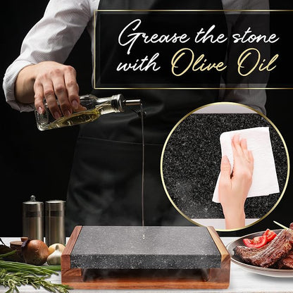 Nutrichef Cooking Stone Grill Set - Hot Lava Rock Sizzling Plate for Steak BBQ & Meat Grilling with Stainless Steel Knives, Cooks and Retains Heat & Flavor, Heated Tray for Serving Food (Pack of 3)