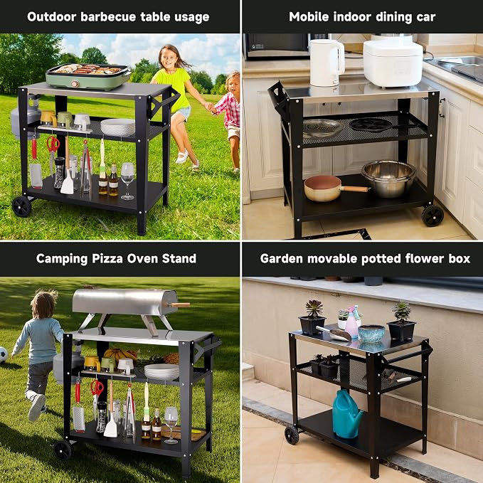 LEETOLLA Stainless Steel Outdoor Grill Cart with Wheels, Heavy-Duty 3-Tier BBQ Prep Table for Pizza Oven, Griddle, Patio – Rustproof Commercial Kitchen Cart with Tool Hooks