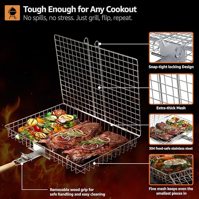 Sorbus Grill Basket - Stainless Steel Large Folding Barbecue Grilling Basket with Handle, Portable BBQ Accessories for Fish, Shrimp, Vegetables, Grilling Accessories, Gifts for Outdoor Cooking Camping (2 Pack)