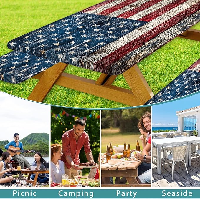 American Flag Picnic Table Cover with Bench Covers and Bag | Elastic Edges Wood Texture Waterproof Camping Tablecloths Fitted Picnic Table Cover for Outdoor, Camping, 3PCS Set 30x60 Inch