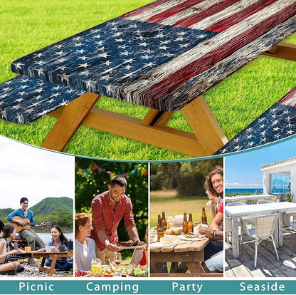 American Flag Picnic Table Cover with Bench Covers and Bag | Elastic Edges Wood Texture Waterproof Camping Tablecloths Fitted Picnic Table Cover for Outdoor, Camping, 3PCS Set 30x60 Inch