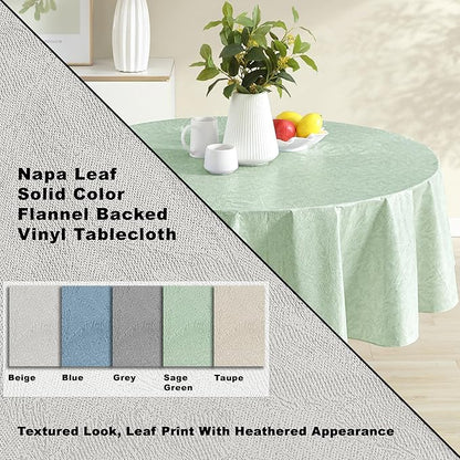 Newbridge Napa Leaf Sage Green Vinyl Flannel Backed Tablecloth, 70 Inch Round, Hotel Quality Waterproof Indoor Outdoor Table Cover for Kitchen, Patio, Dining, BBQ