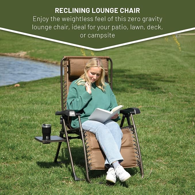 TIMBER RIDGE Zero Gravity Chairs, Folding Recliner Chair Padded with Cup Holder and Headrest, Adjustable Lounge Reclining Chair for Outdoor Camping Lawn Patio Indoor, Supports 350lbs, Brown | Padded Foldable Lounger with Sliding Headrest and Cup Holder...