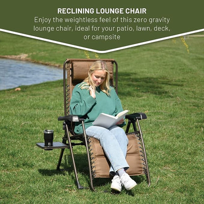 TIMBER RIDGE Zero Gravity Chairs, Folding Recliner Chair Padded with Cup Holder and Headrest, Adjustable Lounge Reclining Chair for Outdoor Camping Lawn Patio Indoor, Supports 350lbs, Brown | Padded Foldable Lounger with Sliding Headrest and Cup Holder...