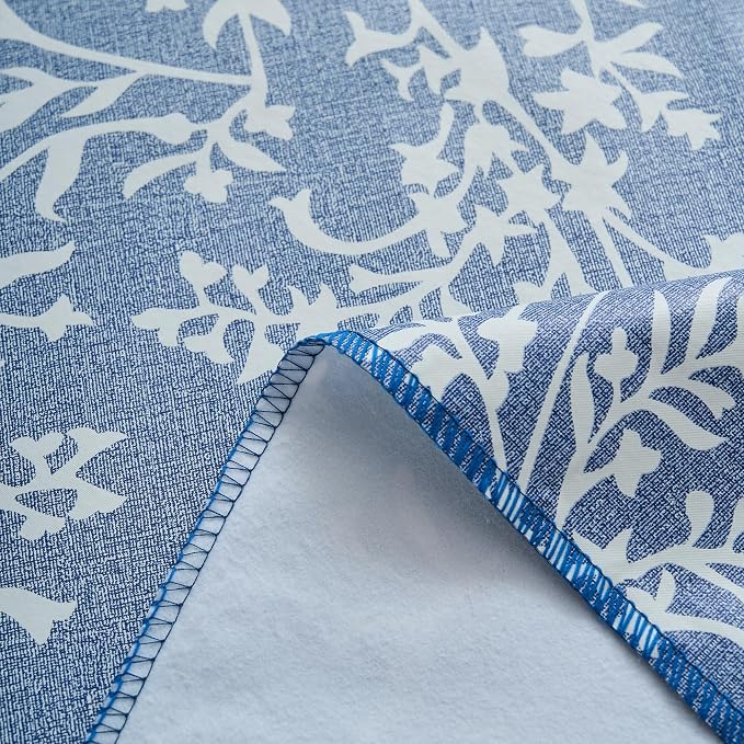 LIBERECOO Vinyl Tablecloth with Flannel Backing –Indigo Botanical Charm, Waterproof, Wipeable, Durable Table Cover – 4 Colors