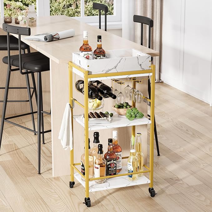 3-Tier Gold Bar Cart with Removable Tray, Small Bar Carts with Wheels, Rolling Beverage Cart, Drink Cart, Gold Wine Cart with Wine Rack for Kitchen, Living Room GBC513G